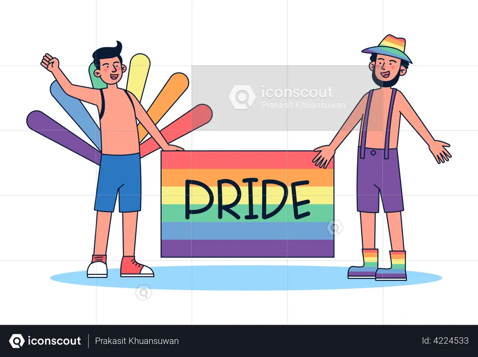 Gay couple with pride flag  Illustration