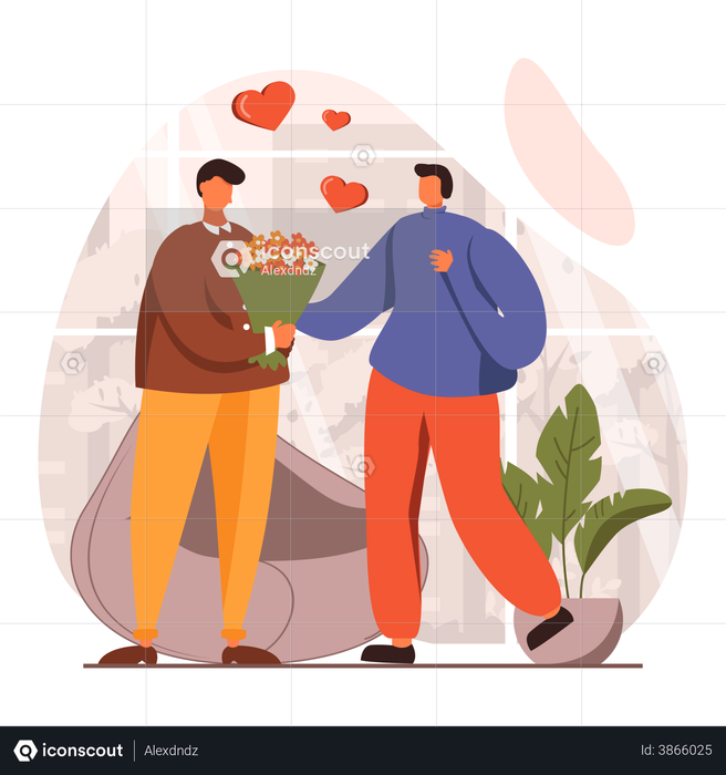 Gay giving bouquet on date Illustration