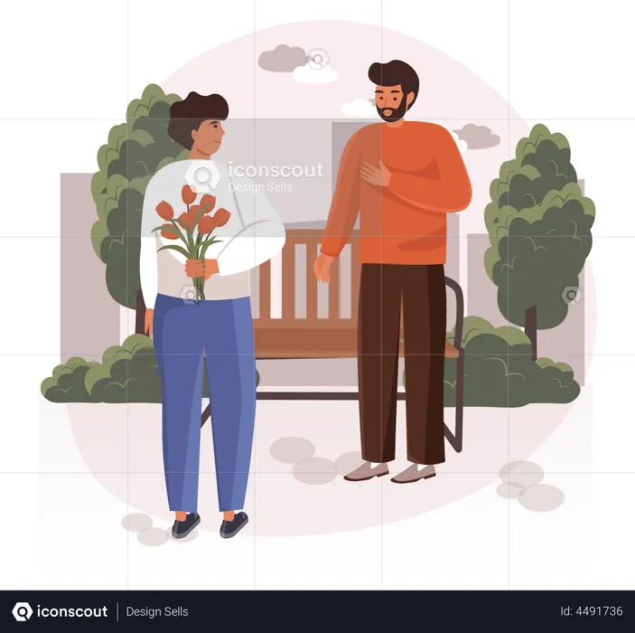 Gay giving bouquet on date  Illustration