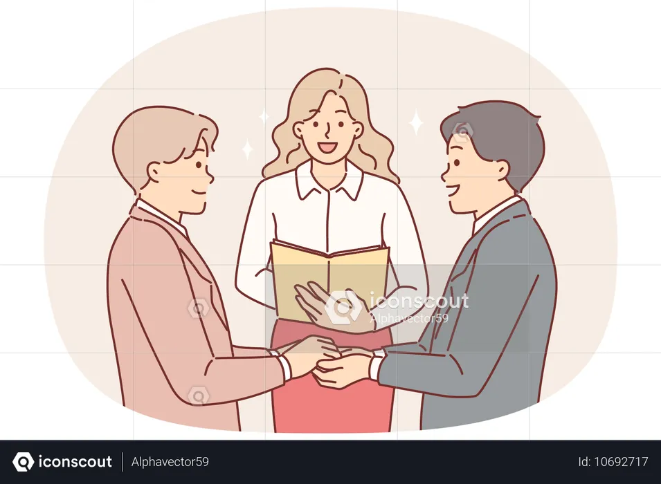 Gay men at wedding ceremony and creation new family and standing near woman registering LGBT marriage  Illustration