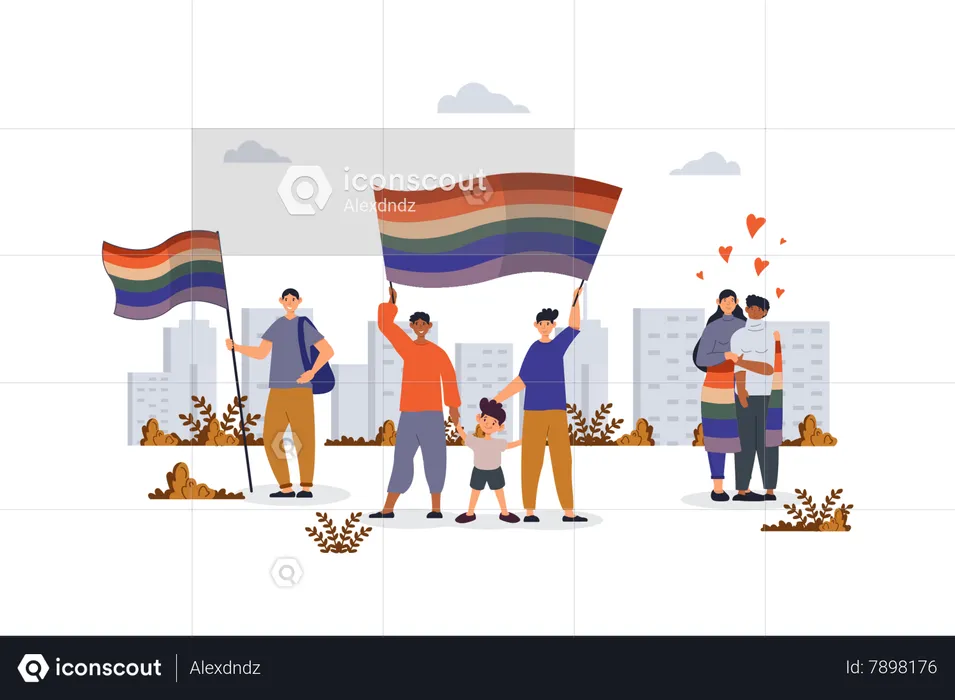 Gays and lesbians couple holding rainbow flag and celebrating pride festival  Illustration