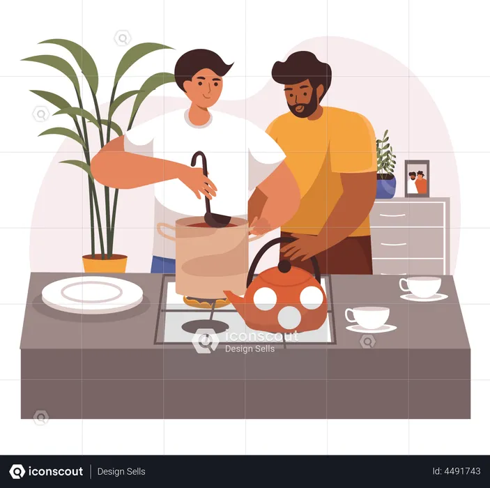 Gays helping in cooking each other  Illustration