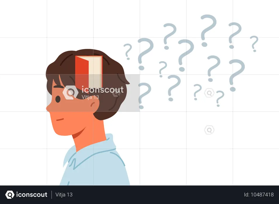 Gedächtnisprobleme bei einem Mann, der neben Fragezeichen mit einer Tür im Kopf steht, die die Alzheimer-Krankheit symbolisieren  Illustration