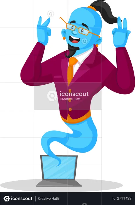 Genie comes out from laptop  Illustration