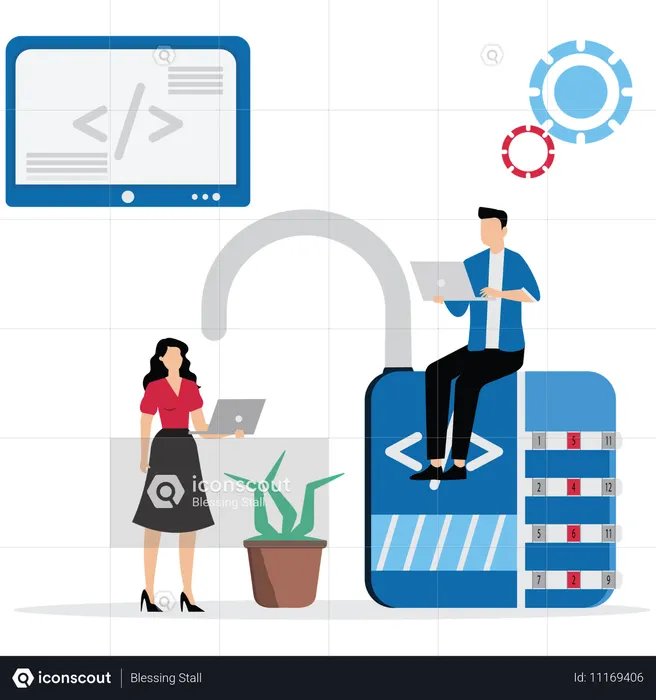 Des hommes d'affaires travaillant sur la programmation d'entreprise  Illustration