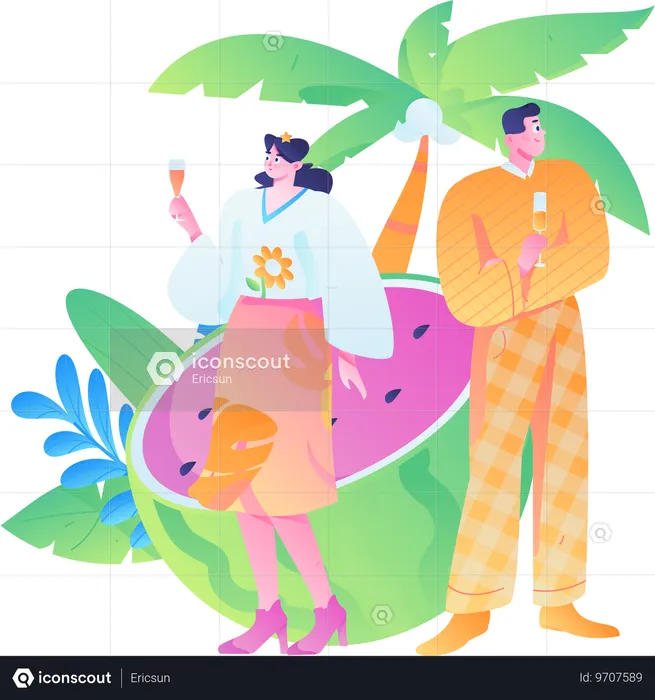 Gente bebiendo jugo de frutas en la playa  Ilustración