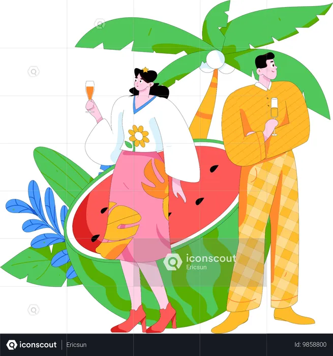 Gente bebiendo jugo de frutas en la playa  Ilustración