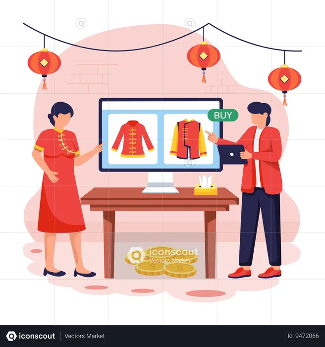 Los chinos comprando ropa china de compras  Ilustración