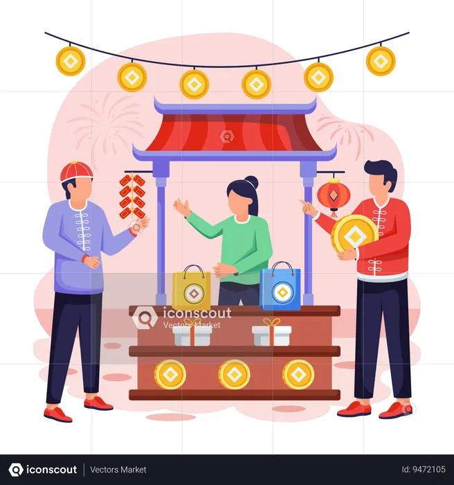 Pueblo chino haciendo compras chinas en el mercado chino  Ilustración