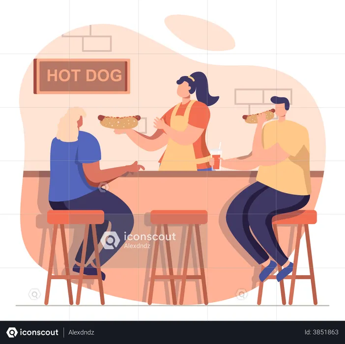 Gente comiendo hot dog  Ilustración