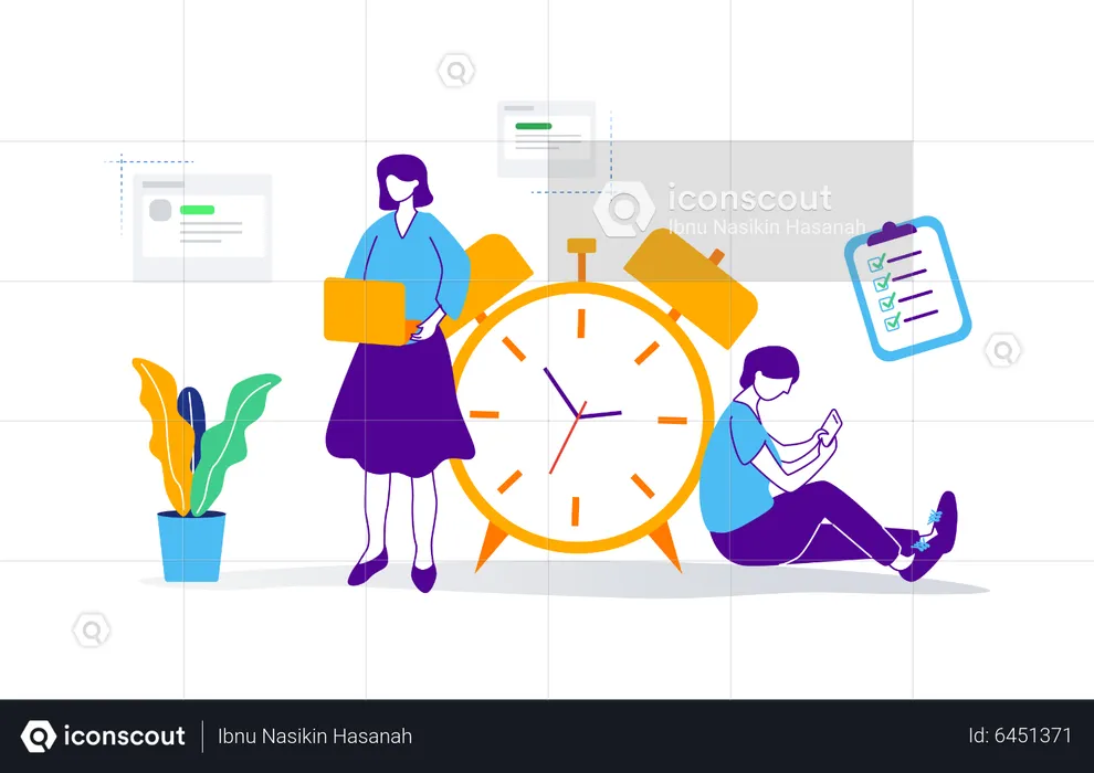 Gente de negocios haciendo gestión del tiempo.  Ilustración