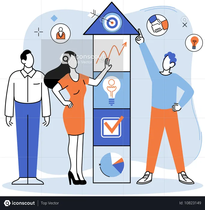 Gente de negocios que gestiona la estrategia de crecimiento de una startup  Ilustración