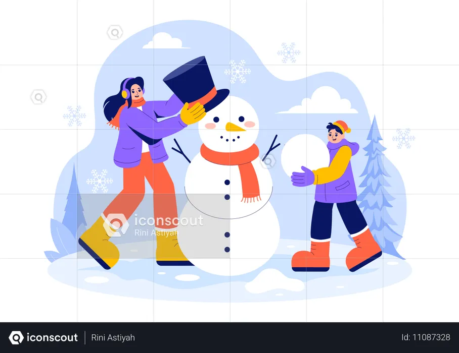 Personas decorando muñeco de nieve  Ilustración