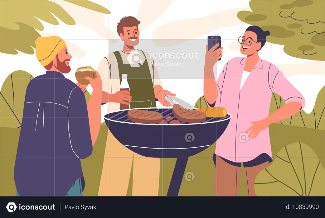 Gente disfrutando de comida y bebidas a la parrilla.  Ilustración