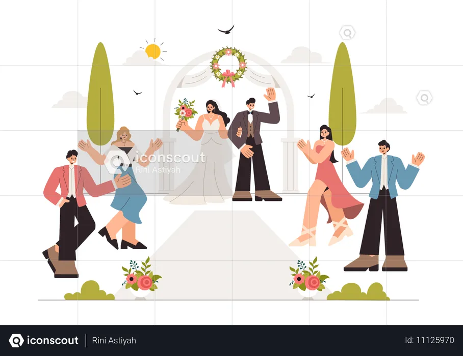 Gente disfrutando de la ceremonia de boda.  Ilustración