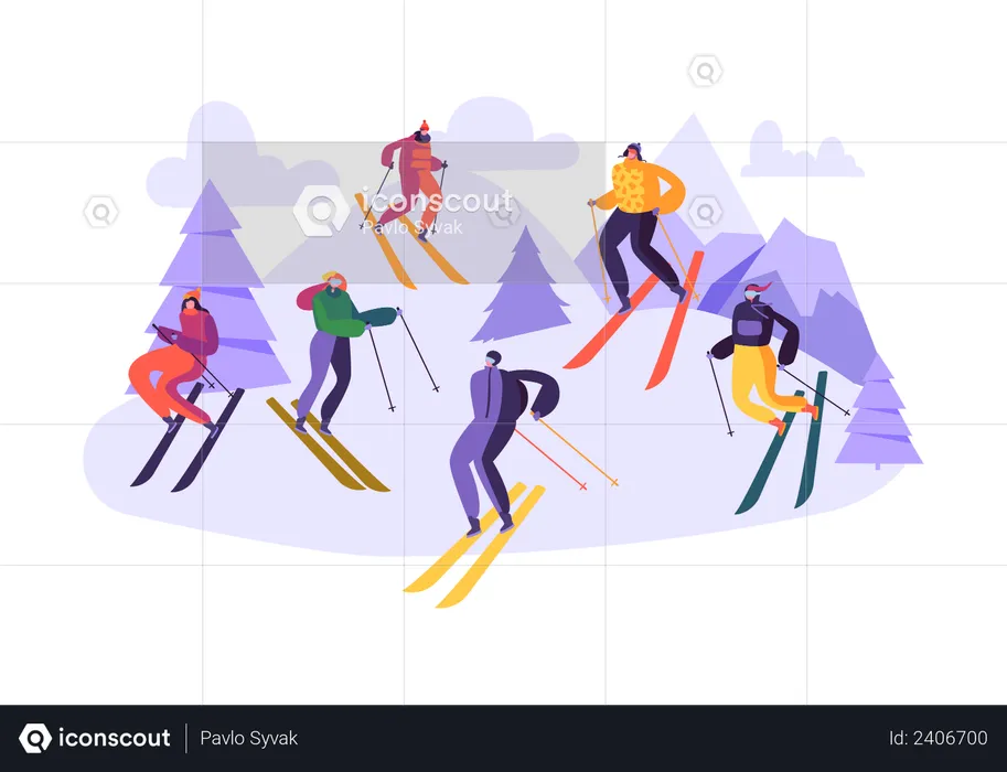 Gente disfrutando del esquí en la montaña  Ilustración