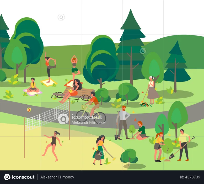 Gente disfrutando en el parque de la ciudad  Ilustración