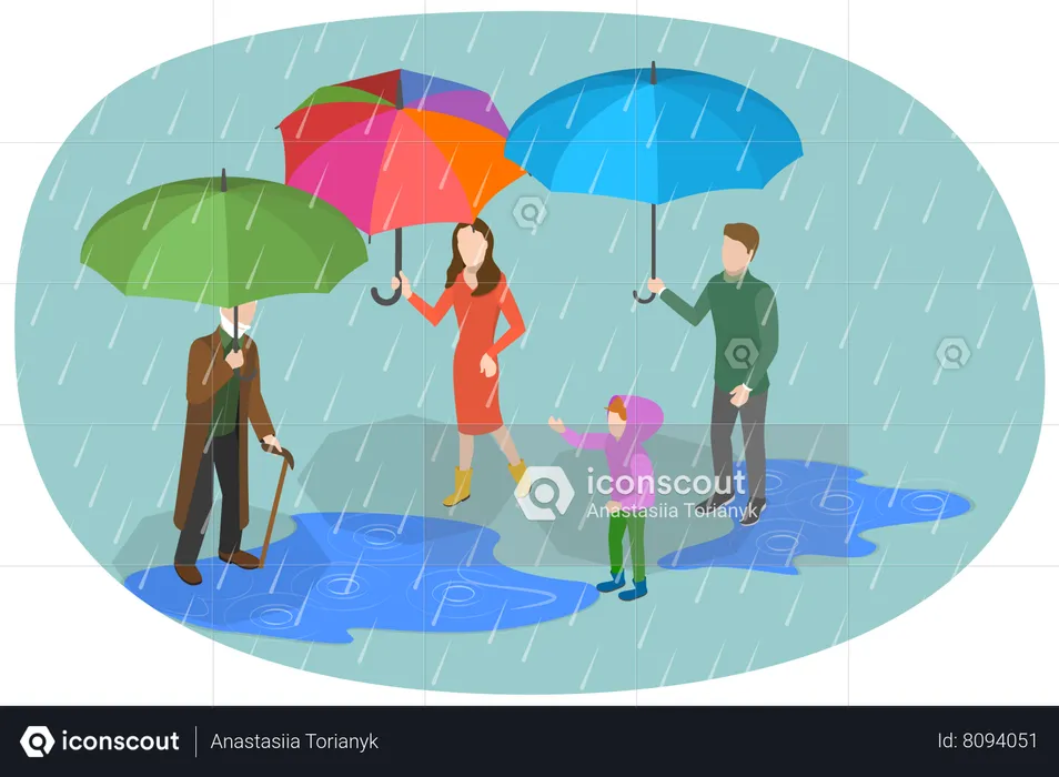 Gente en día lluvioso  Ilustración