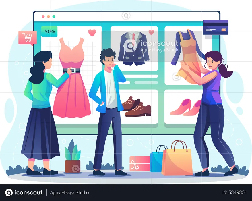 Gente haciendo compras en línea  Ilustración