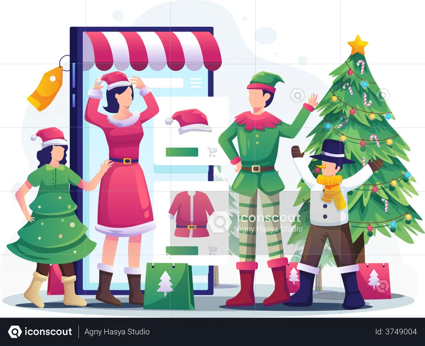 Personas haciendo compras online de trajes navideños.  Ilustración