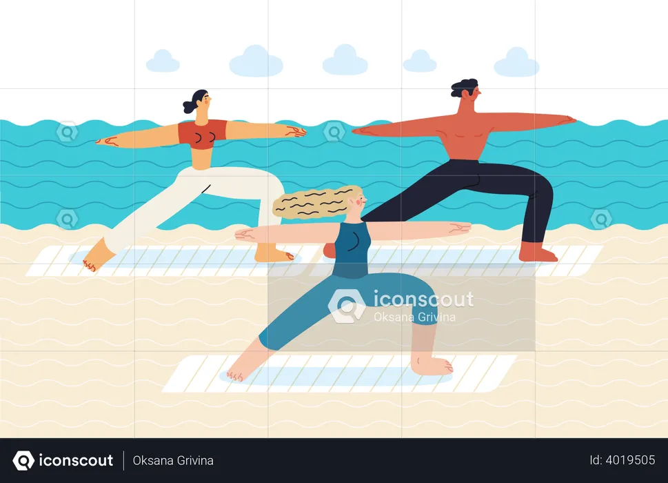 Gente haciendo yoga en la playa  Ilustración