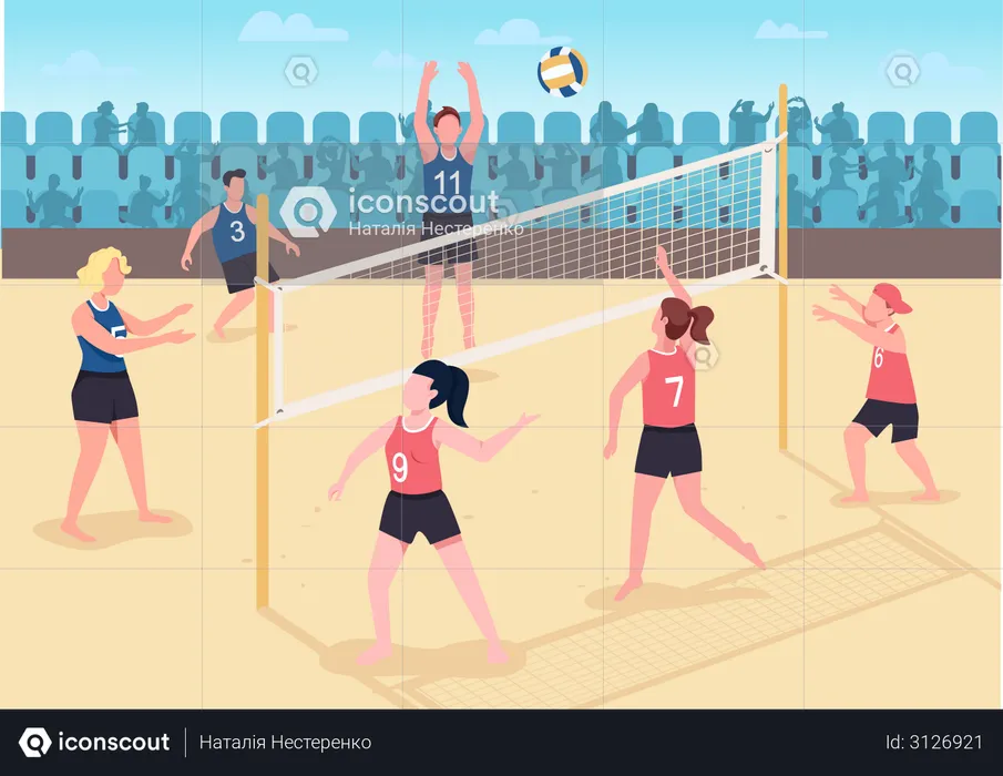 Gente jugando voleibol en la playa  Ilustración