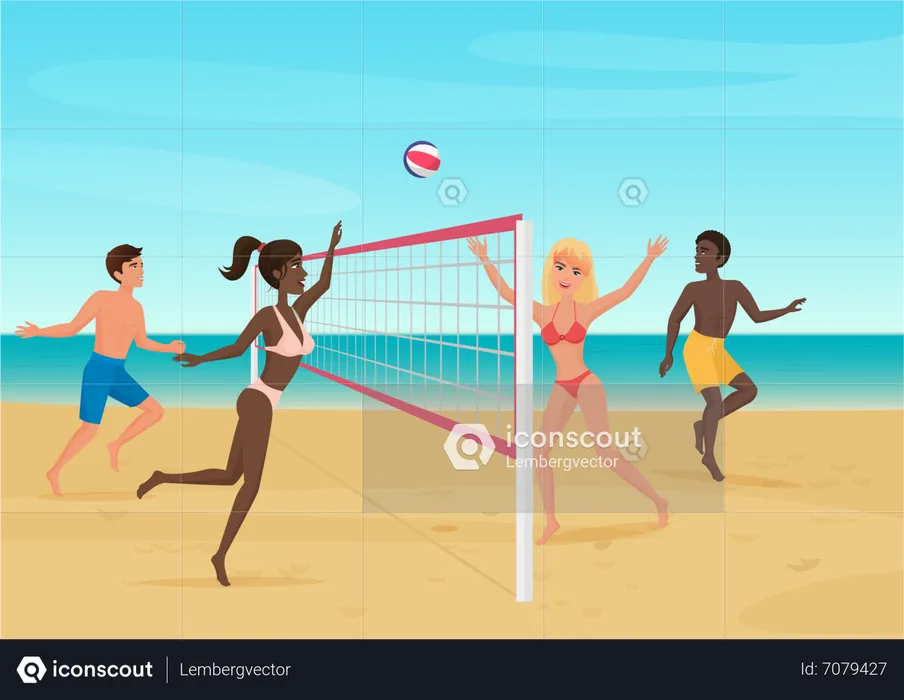 Gente jugando voleibol de playa  Ilustración