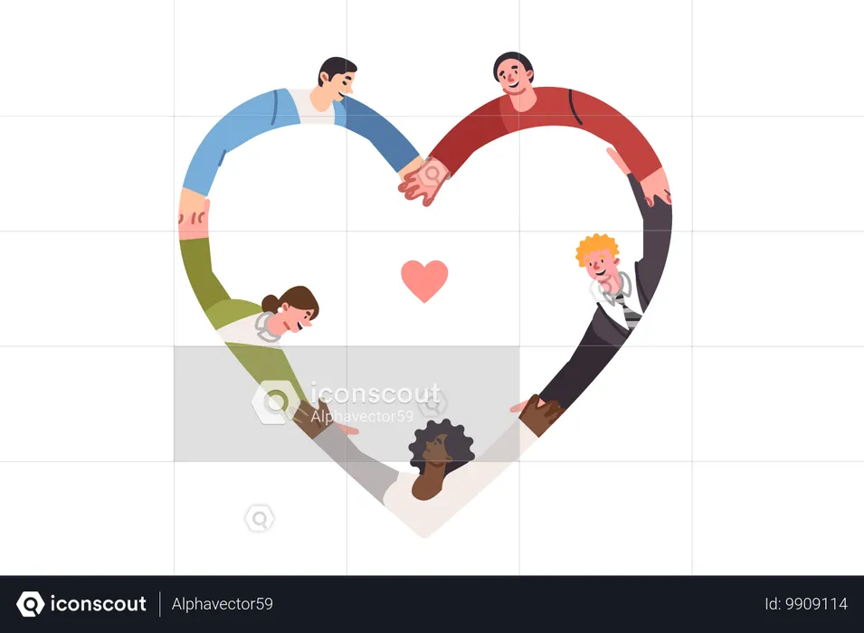 Gente multinacional amigable se toma de la mano formando un corazón y demuestra compromiso con el amor  Ilustración