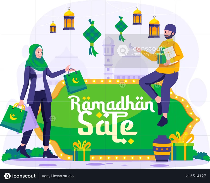 Pueblo musulmán de compras en venta de Ramadán  Ilustración