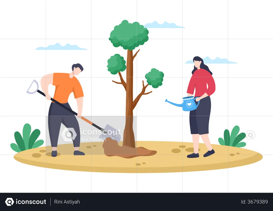 Gente plantando arbol  Ilustración