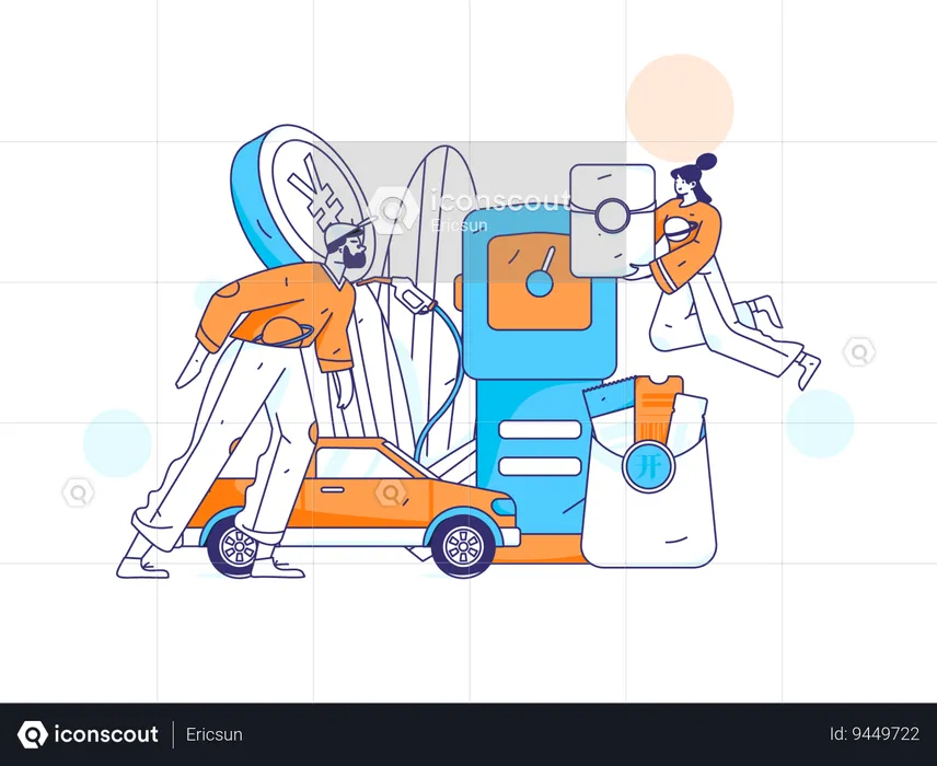 Personas que repostan combustible en una gasolinera mientras pagan el combustible  Ilustración