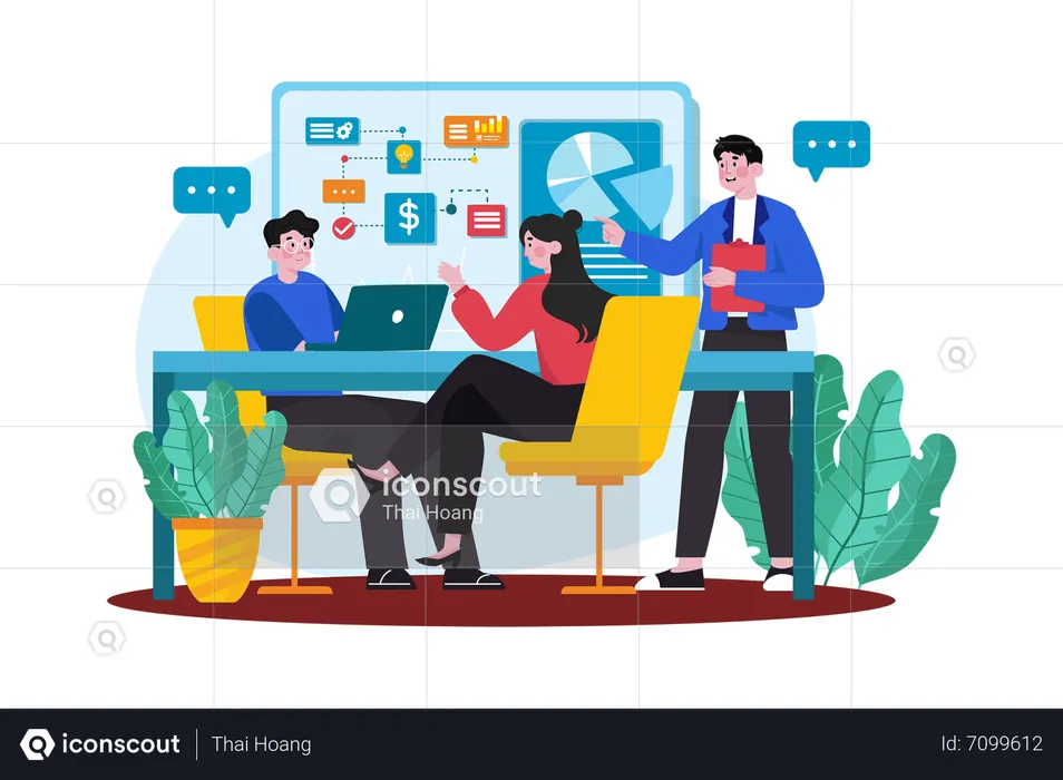 Gerente de ventas intercambiando ideas sobre estrategias de ventas con el equipo  Ilustración
