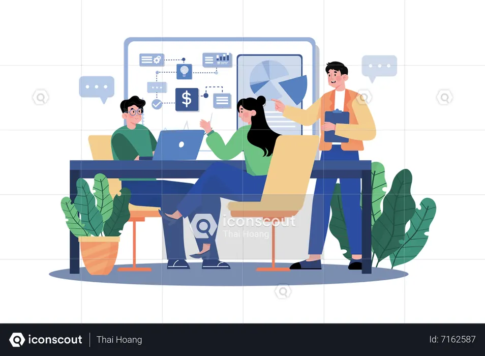 Gerente de ventas intercambiando ideas sobre estrategias de ventas con el equipo  Ilustración