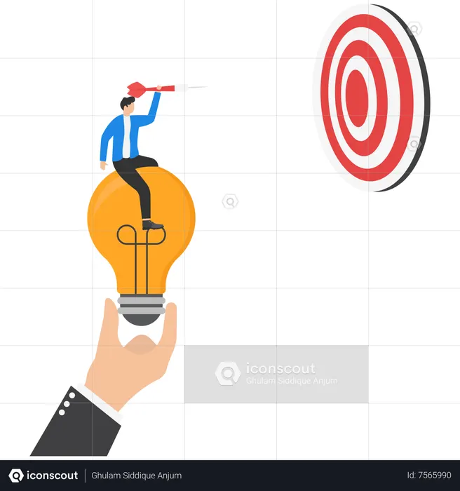 Mano del gerente sosteniendo una bombilla para apoyar al empresario lanzando dardos a la diana  Ilustración