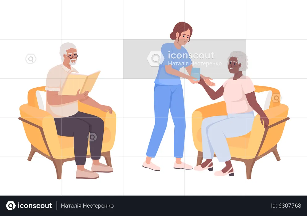 Geriatric nurse caring about seniors  Illustration