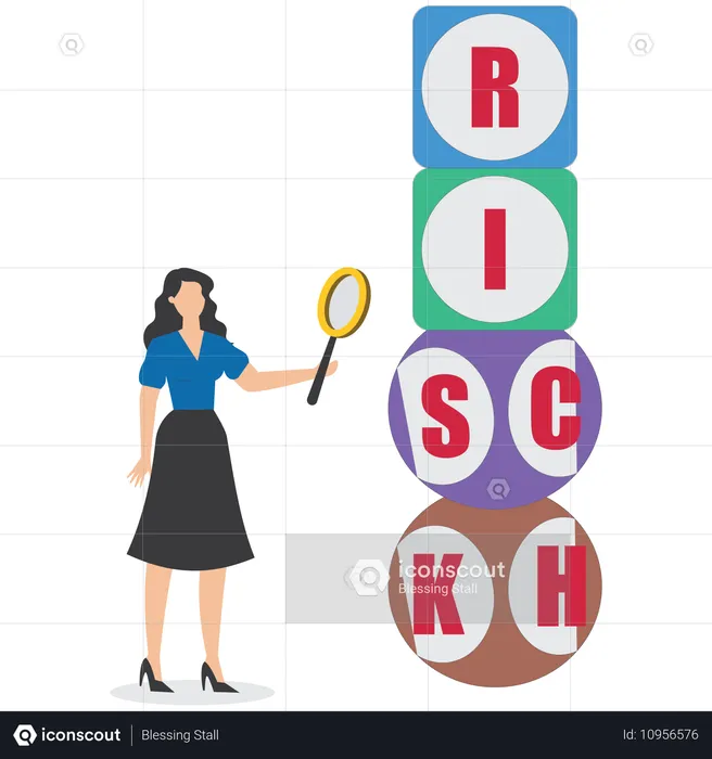 Geschäftsfrau analysiert einen Würfel mit dem Wort „reich“ und „Risiko“  Illustration