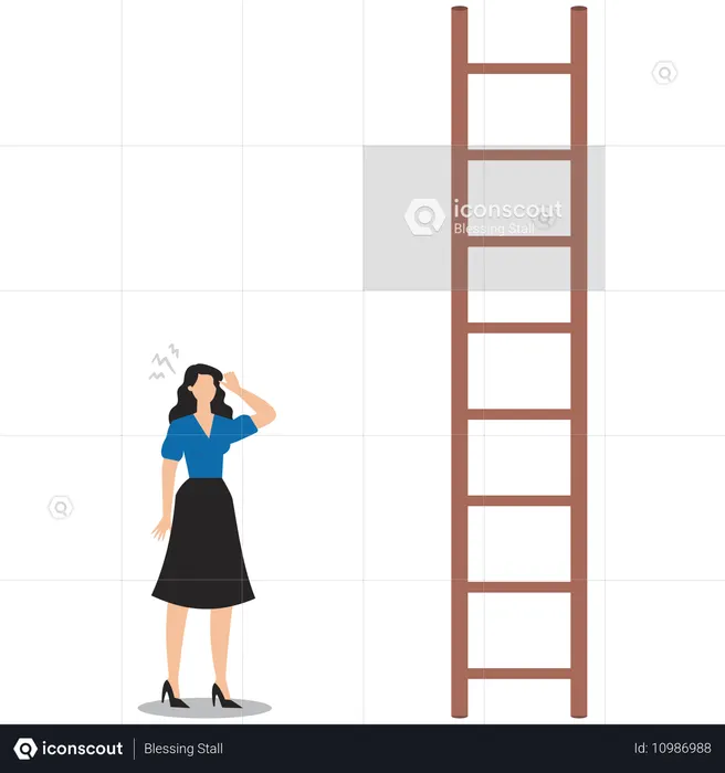 Geschäftsfrau denkt darüber nach, Treppen zu steigen, deren Stufen zu weit auseinander liegen  Illustration