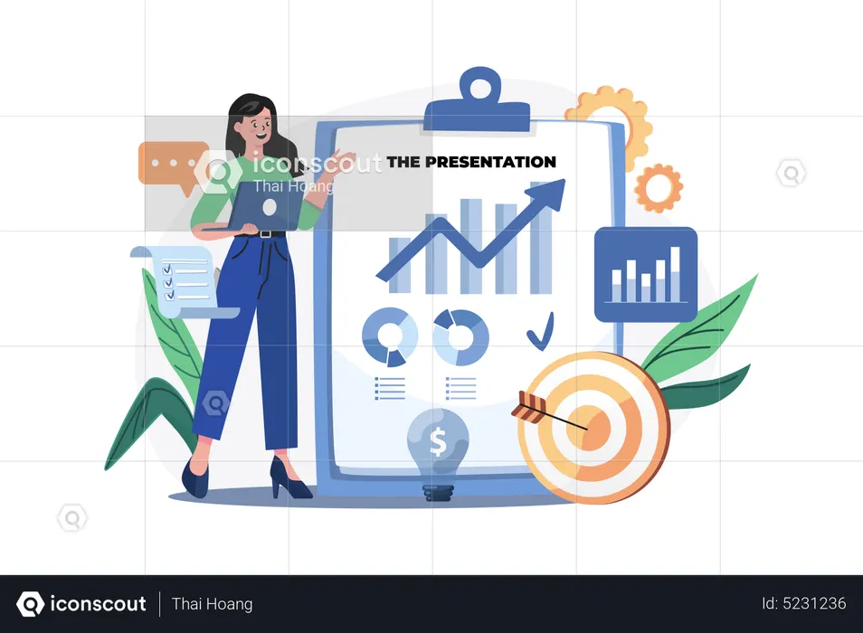 Geschäftsfrau, die an einer Geschäftspräsentation arbeitet  Illustration