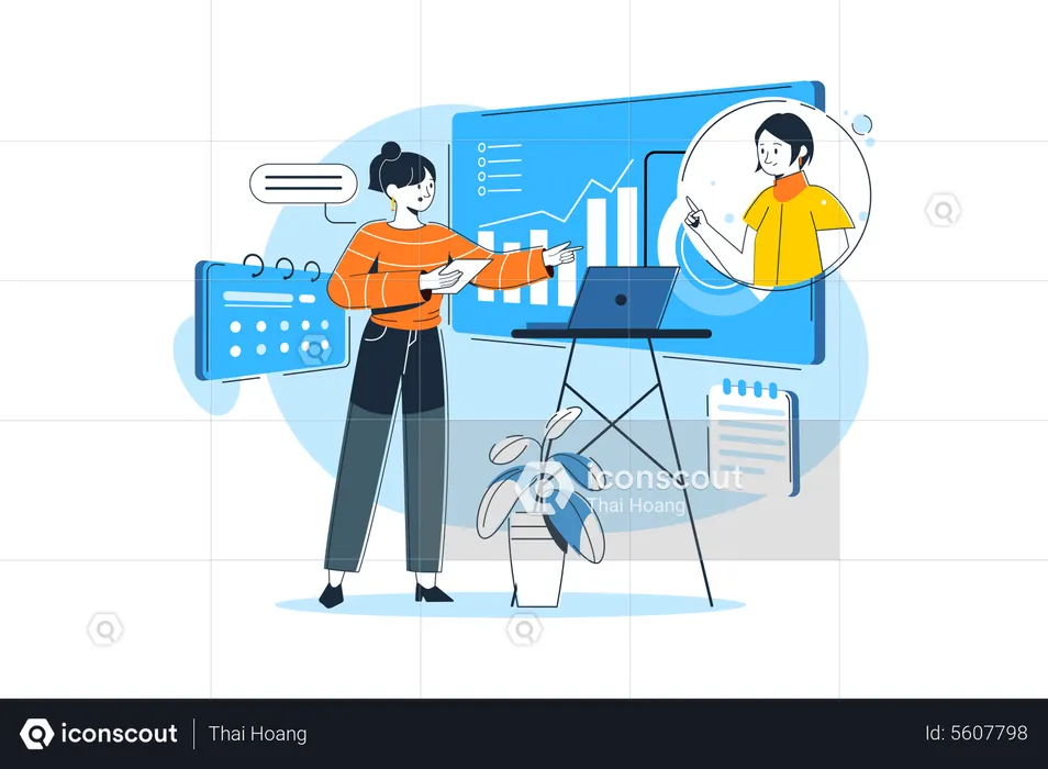 Geschäftsfrau, die an einer Geschäftspräsentation arbeitet  Illustration