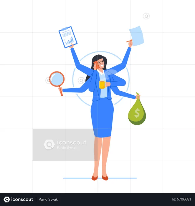 Geschäftsfrau erledigt Multitasking-Arbeit  Illustration