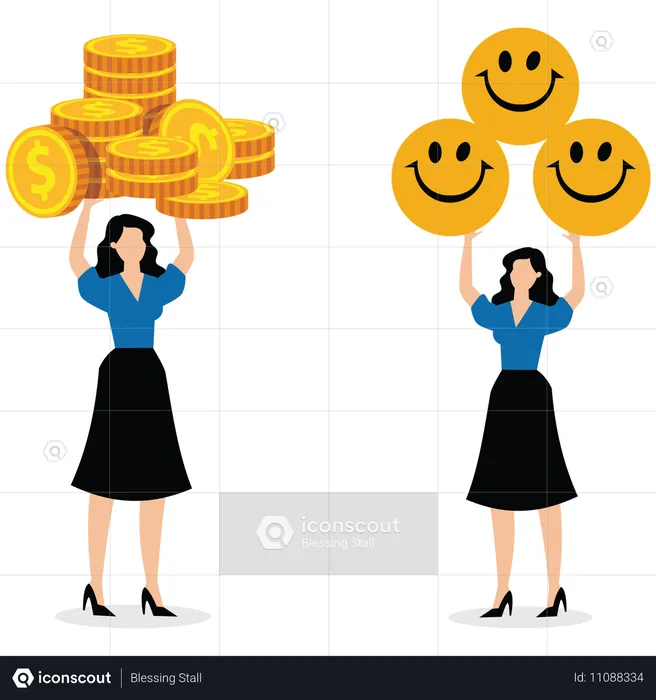 Eine Geschäftsfrau hält einen Haufen Geld, eine andere Geschäftsfrau hält einen Haufen Smiley-Symbole  Illustration