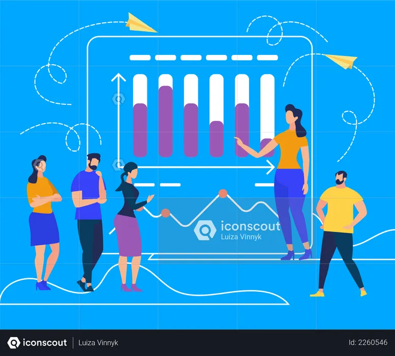 Geschäftsfrau nimmt Präsentation zur Marketinganalyse entgegen  Illustration