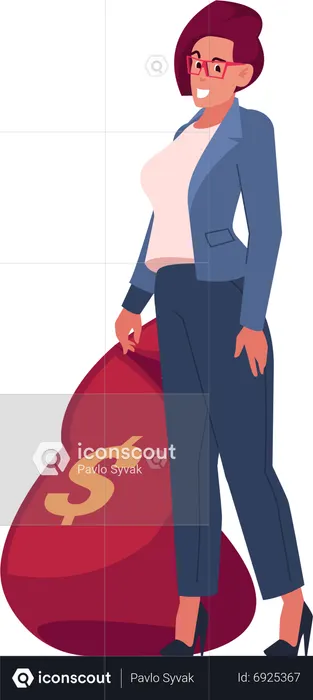 Geschäftsfrau mit großem Sack voll Geld  Illustration