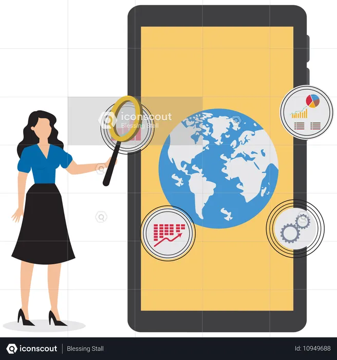 Geschäftsfrau mit Lupe auf Smartphone analysiert globale Geschäftsdaten  Illustration