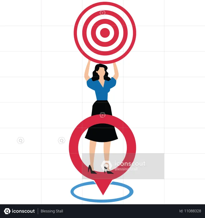 Geschäftsfrau nimmt sich vor, innerhalb der Positionierungssymbole zu stehen  Illustration