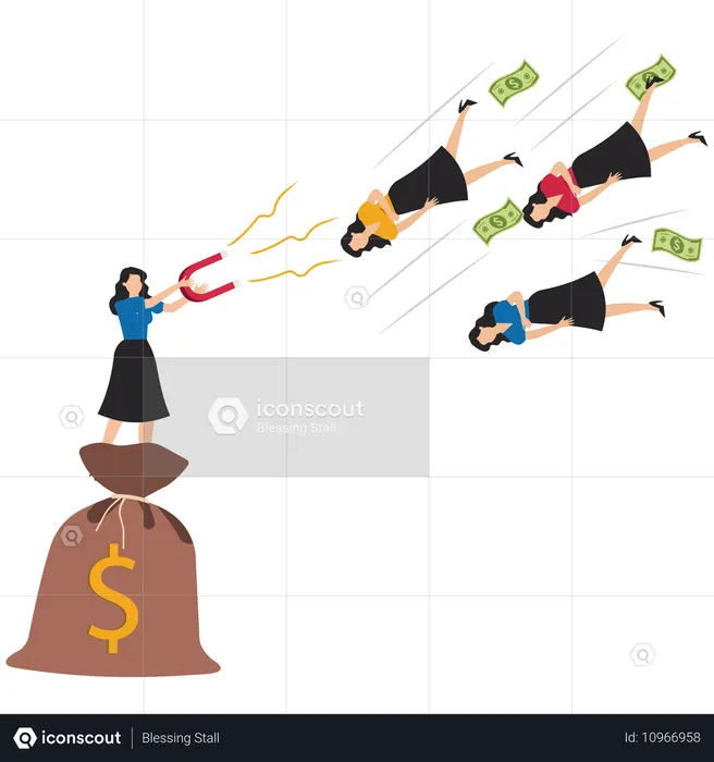 Geschäftsfrau nutzt Magnete mit Dollar-Kosten, um Kunden anzulocken  Illustration