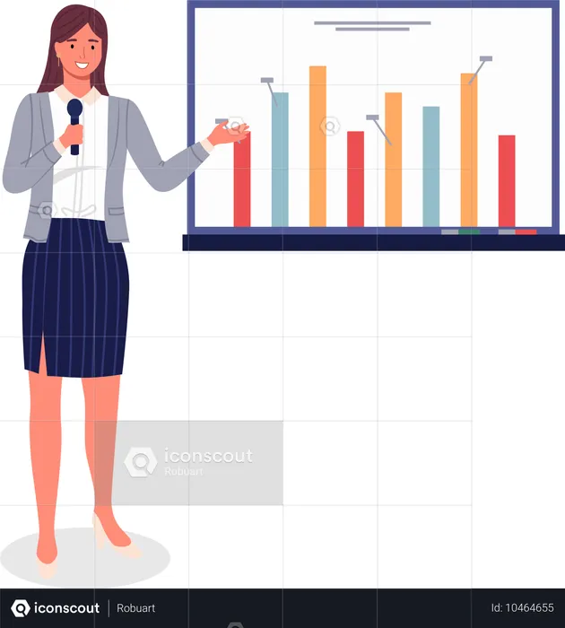 Geschäftsfrau oder Managerin hält Präsentation mit Analysedaten auf großer Leinwand  Illustration