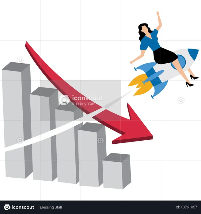 Geschäftsfrau reitet Rakete durchbricht herunterfallendes Balkendiagramm  Illustration