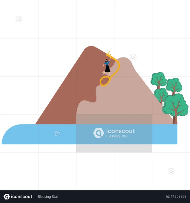 Geschäftsfrau rennt schnell entlang einer Brücke, um eine Klippe zu überqueren und zum Ziel zu gelangen  Illustration