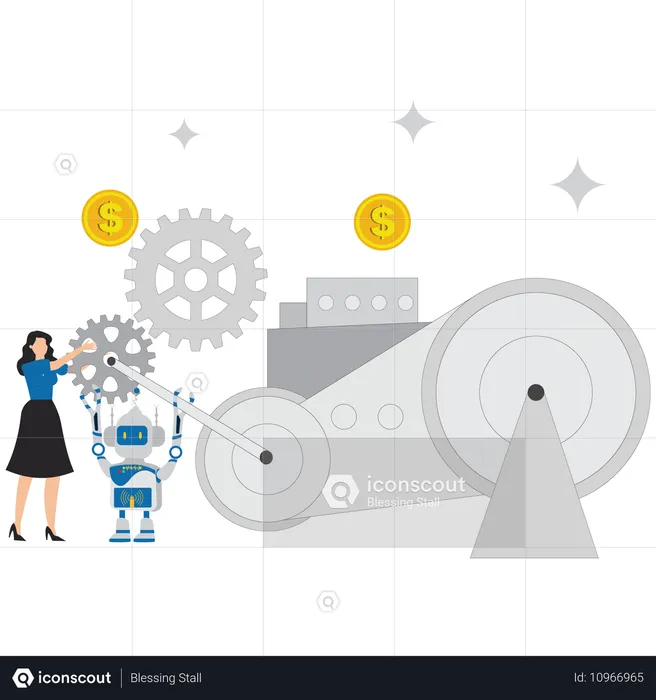 Geschäftsfrau repariert Ausrüstung mit Hilfe eines KI-Roboters  Illustration